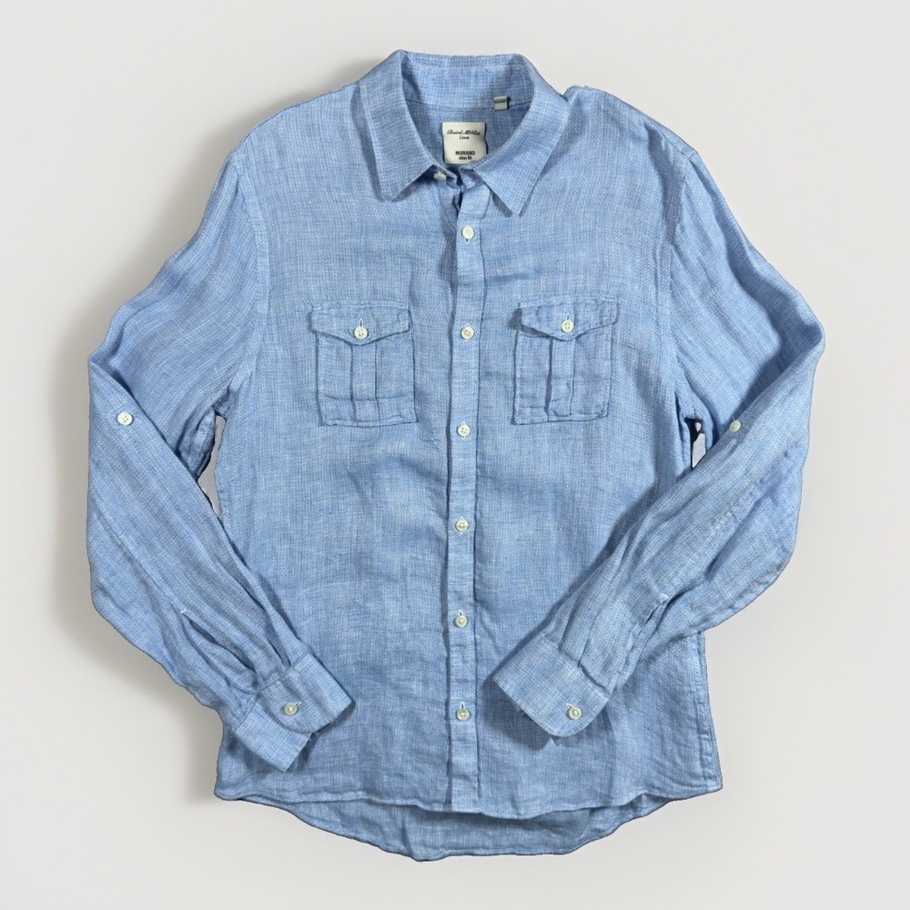 Murano Baird McNutt Mens M 100% Linen Shirt Blue Slim Fit Roll Tab Sleeve
